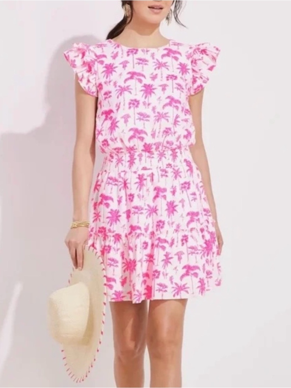 Vineyard Vines Pink Palm-Print Ruffle Mini Dress